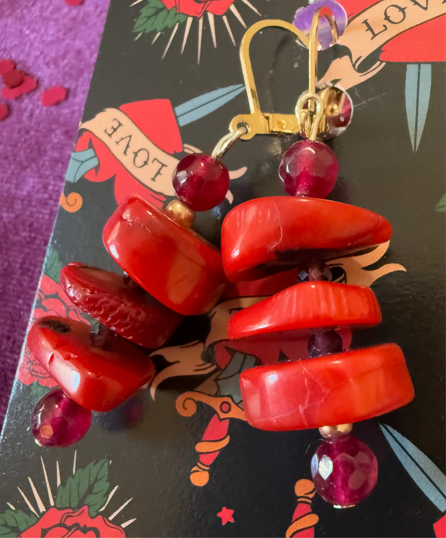 Gold Lever-back Earrings with Natural Ruby and Bamboo Coral