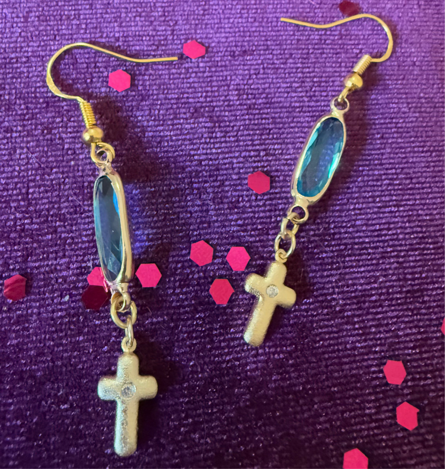 Earrings Gold Cross & Gemstones