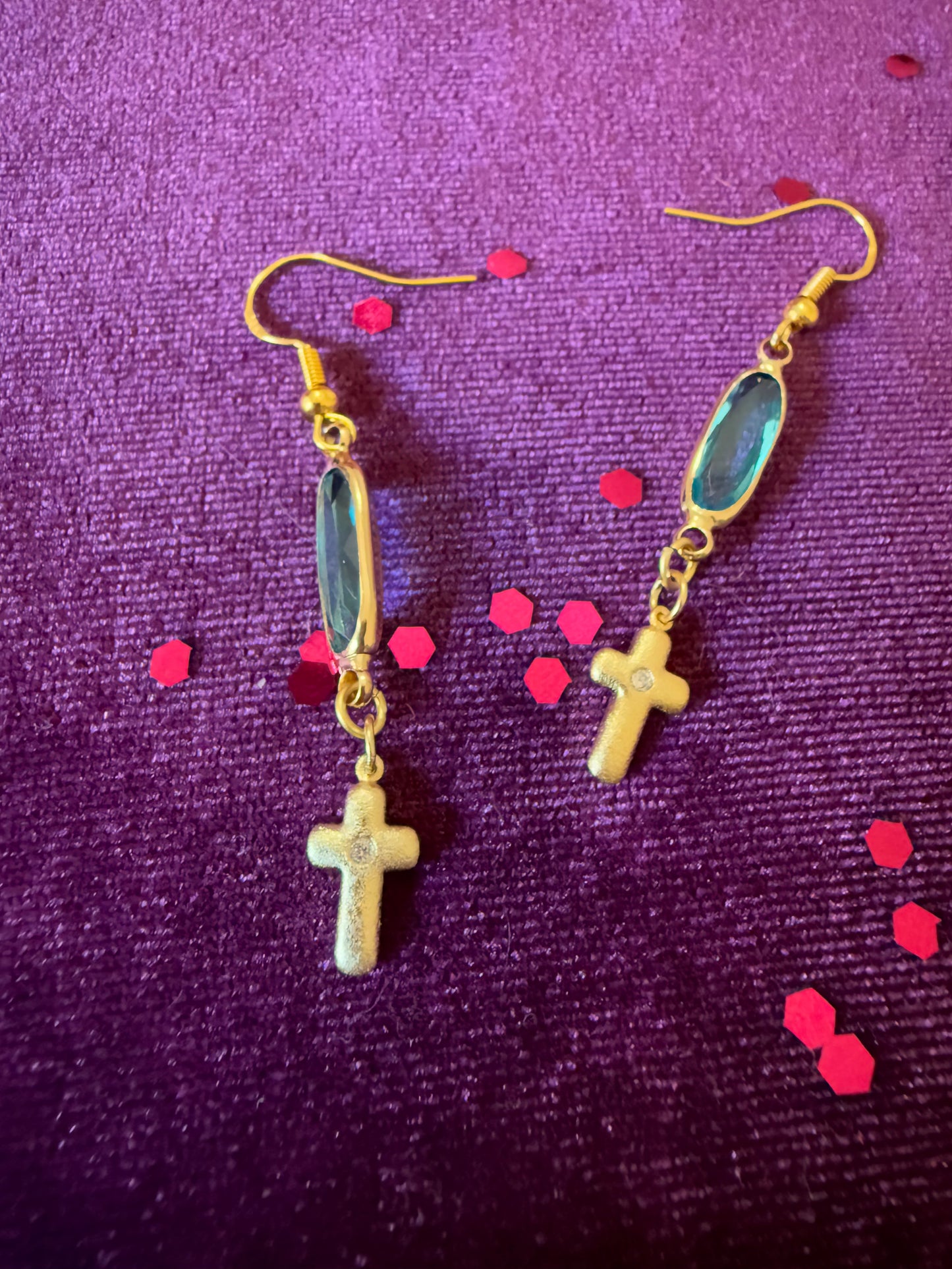 Earrings Gold Cross & Gemstones
