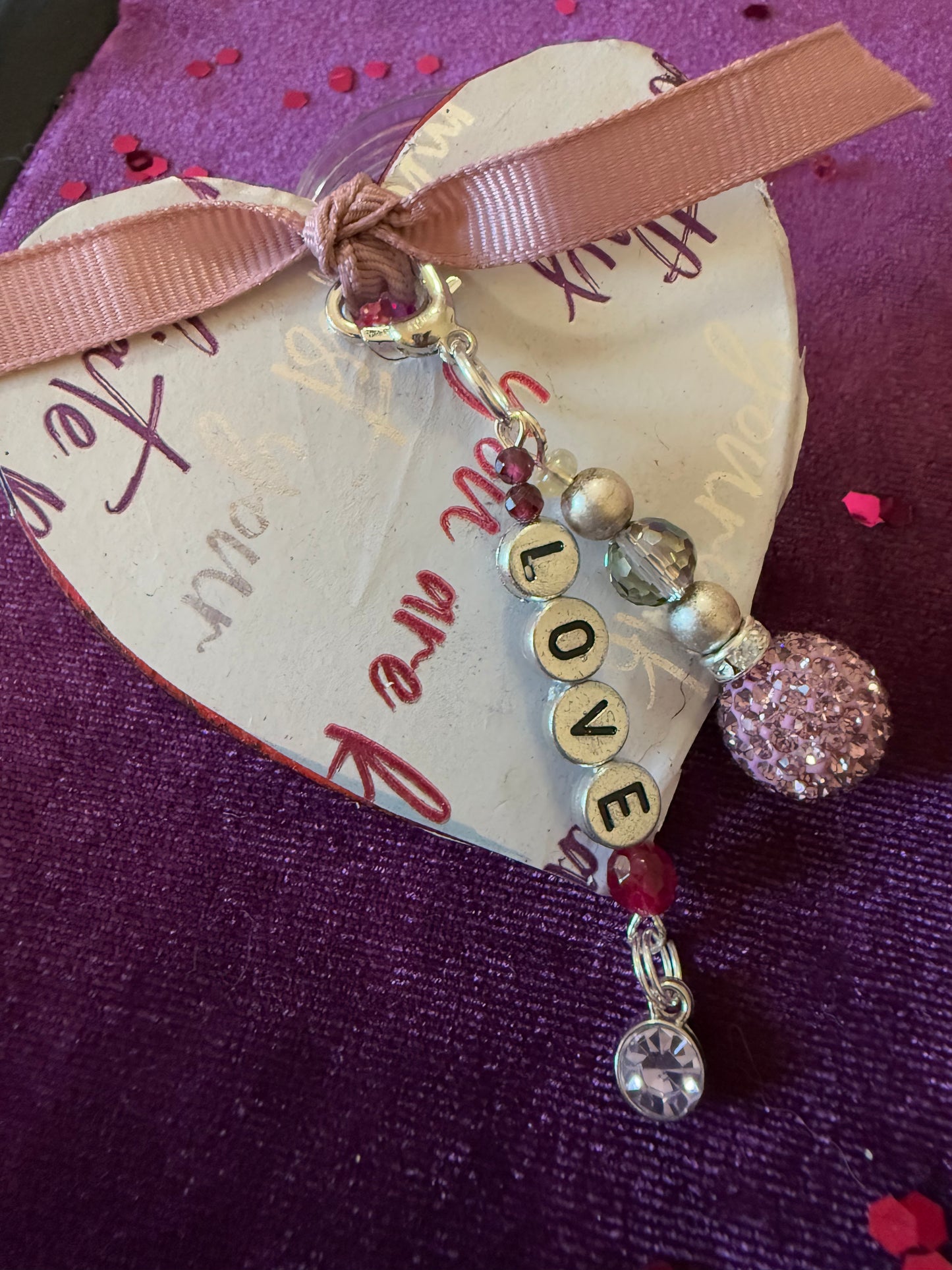 LOVE Charm Pink Sparkle Clip-on Phone Tag or Zipper Pull