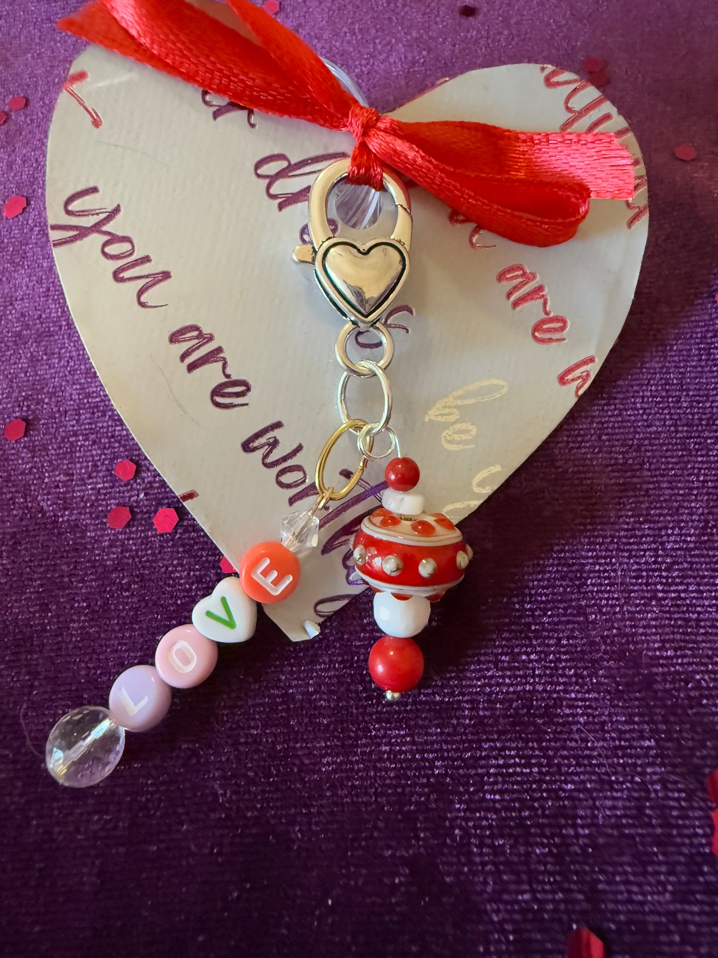 LOVE Charm Red & White Lampglass Clip-on Tag