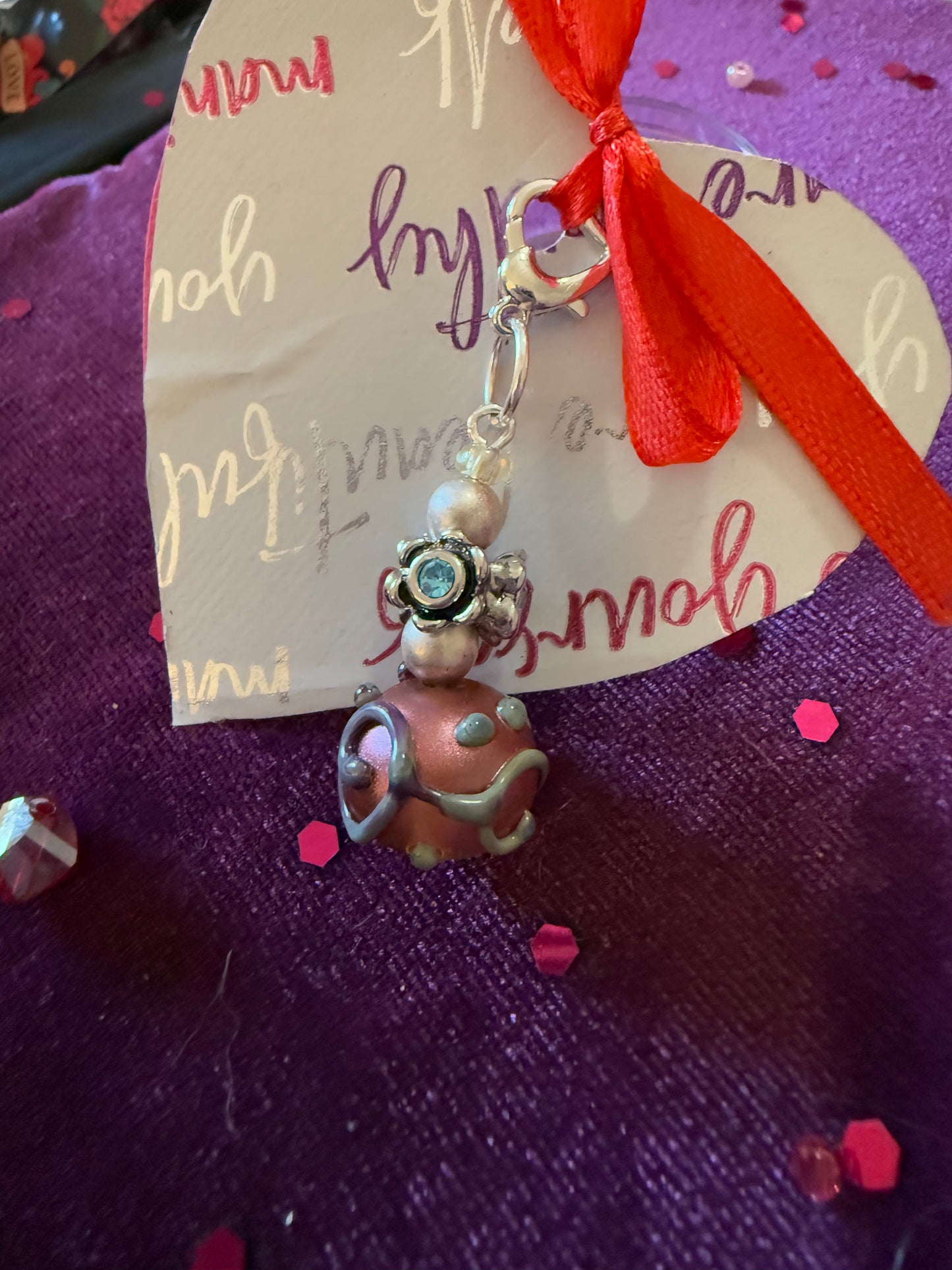 Clip-on Charm Tag Filigree Bauble and Blue Gem