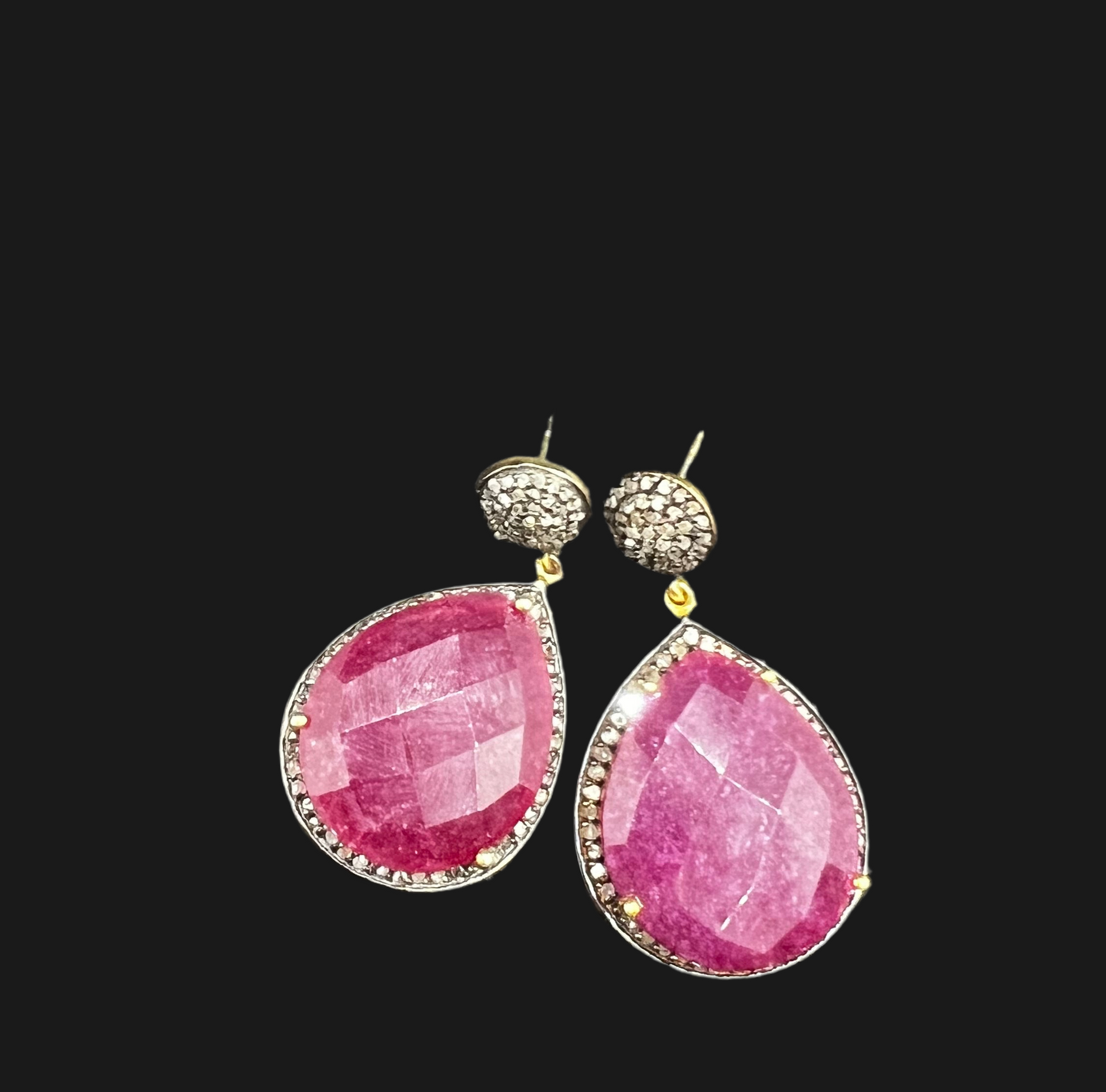 Genuine Pave’ Diamond Earrings with teardrop ruby color agate gemstone