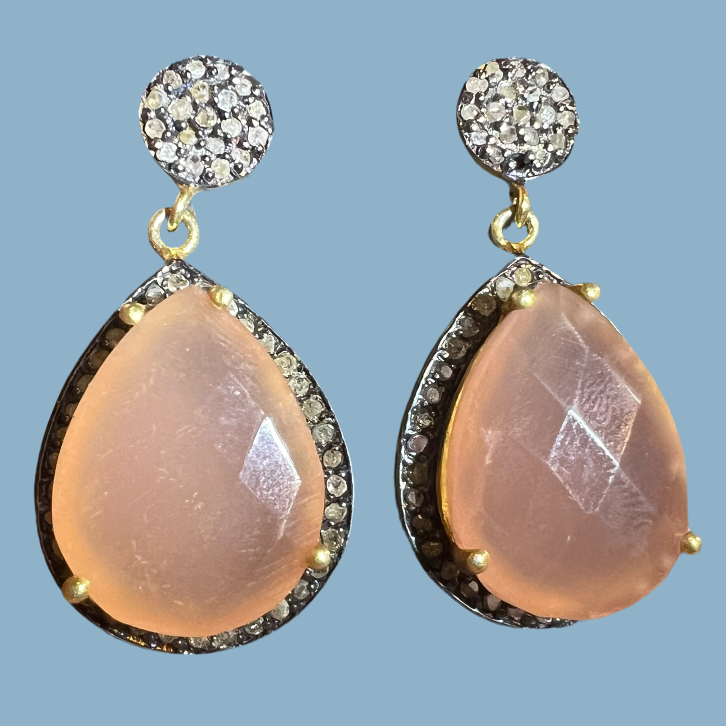 Genuine Pave’ Diamond Earrings with  teardrop pink color agate gemstone