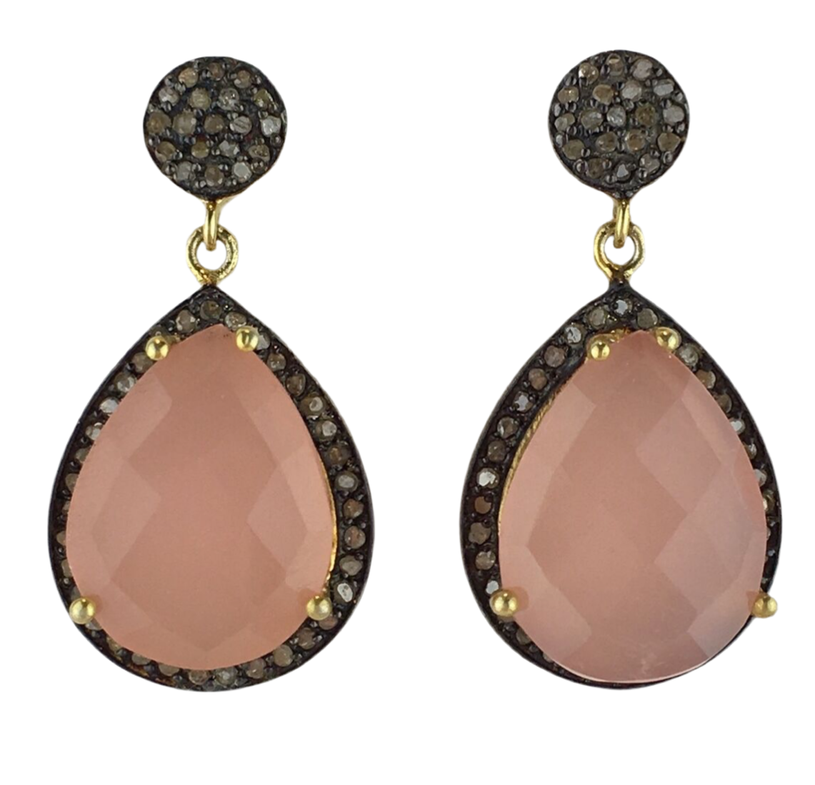 Genuine Pave’ Diamond Earrings with  teardrop pink color agate gemstone