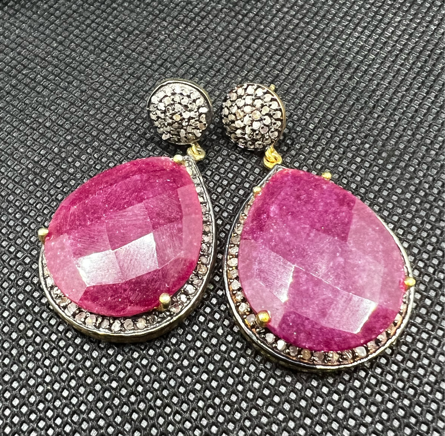 Genuine Pave’ Diamond Earrings with teardrop ruby color agate gemstone