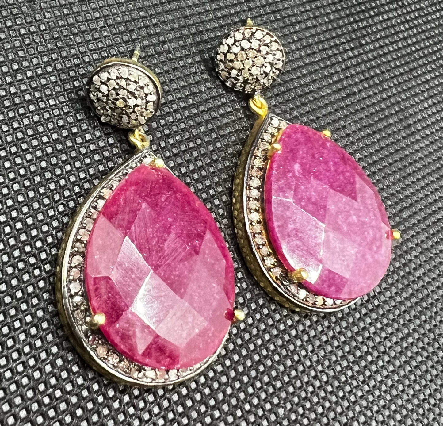 Genuine Pave’ Diamond Earrings with  teardrop pink color agate gemstone