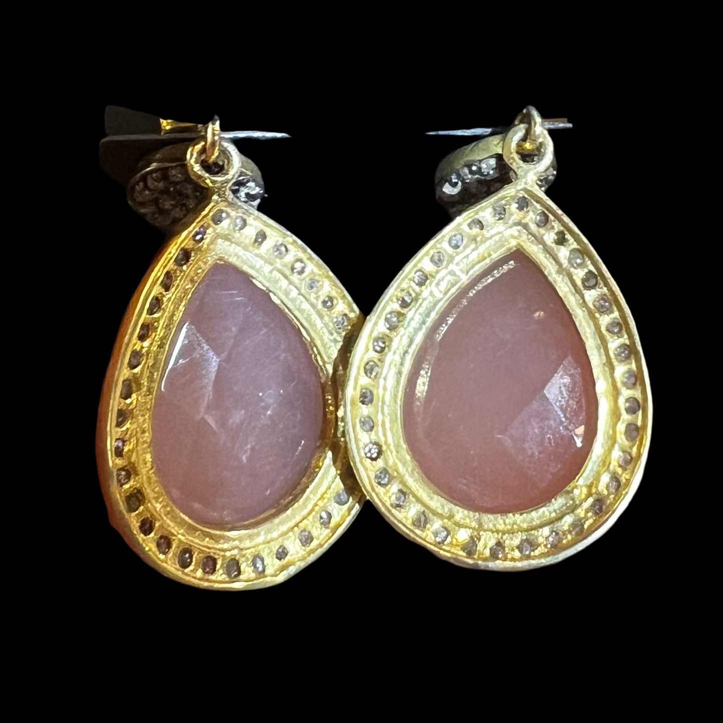 Genuine Pave’ Diamond Earrings with  teardrop pink color agate gemstone