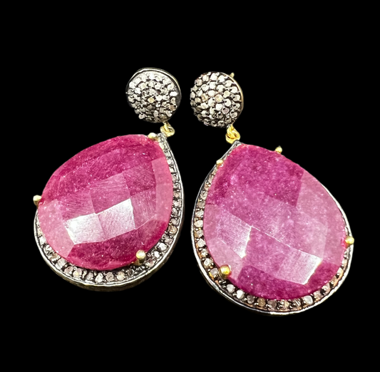 Genuine Pave’ Diamond Earrings with teardrop ruby color agate gemstone