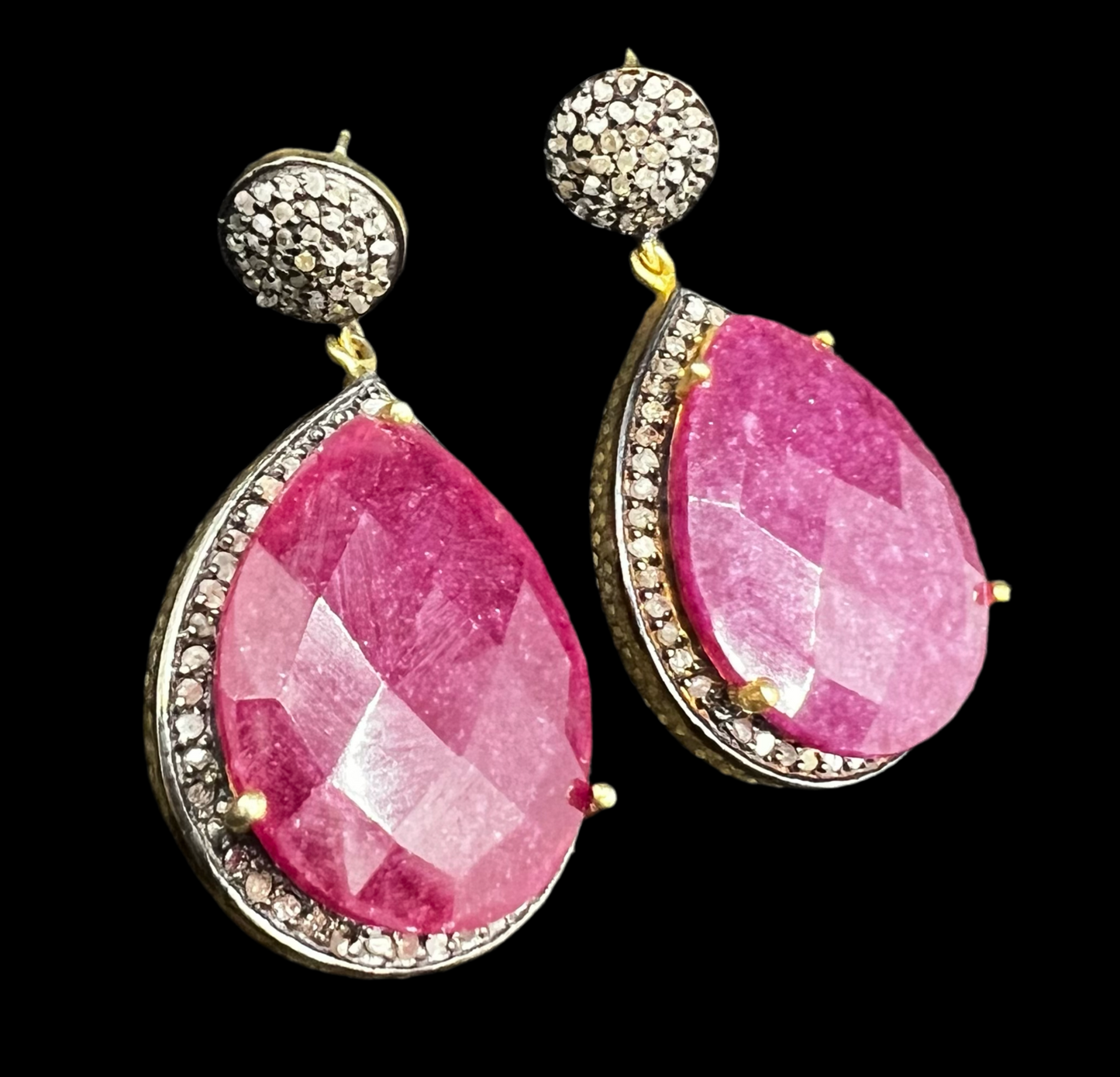 Genuine Pave’ Diamond Earrings with teardrop ruby color agate gemstone