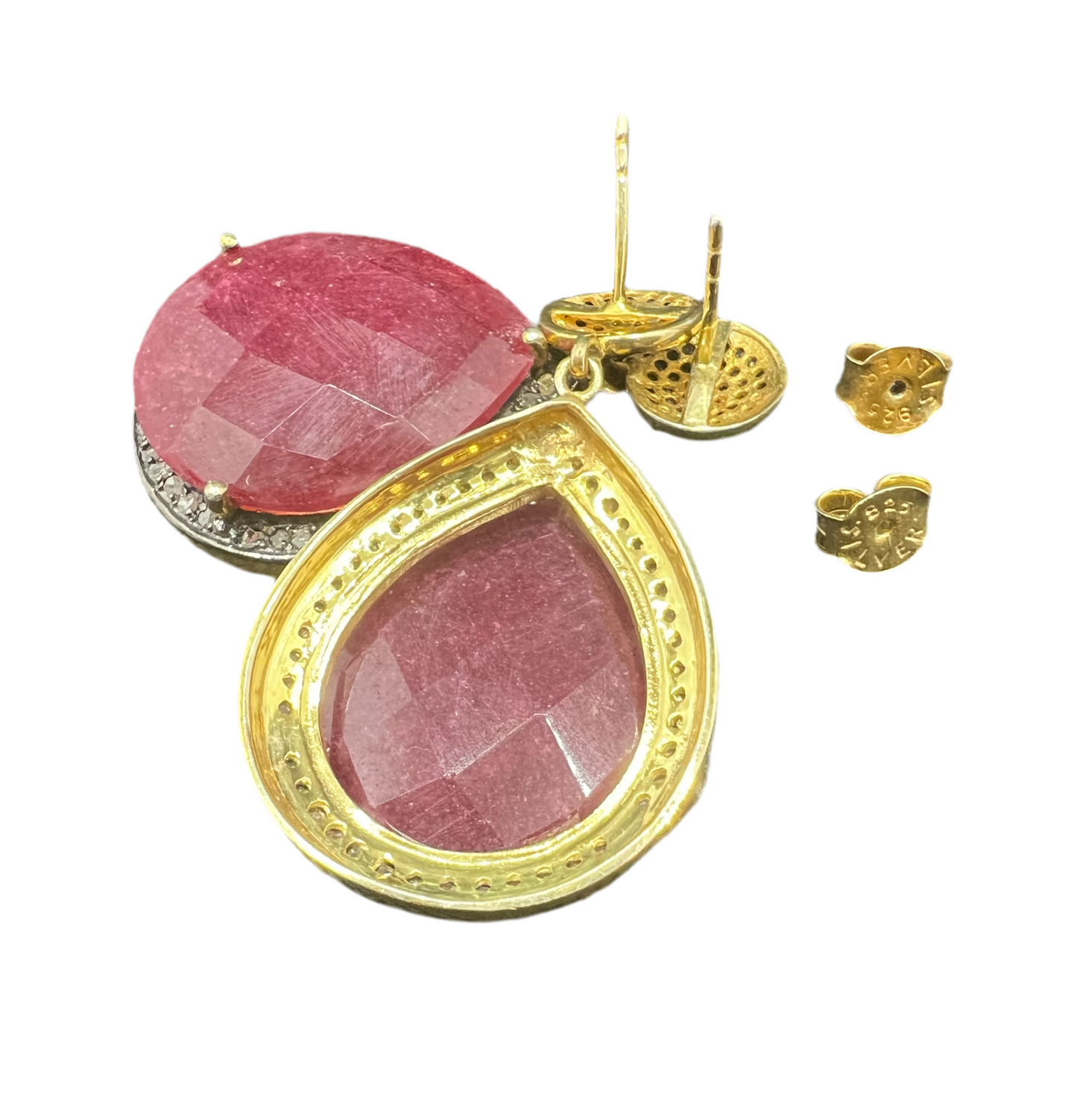 Genuine Pave’ Diamond Earrings with  teardrop pink color agate gemstone