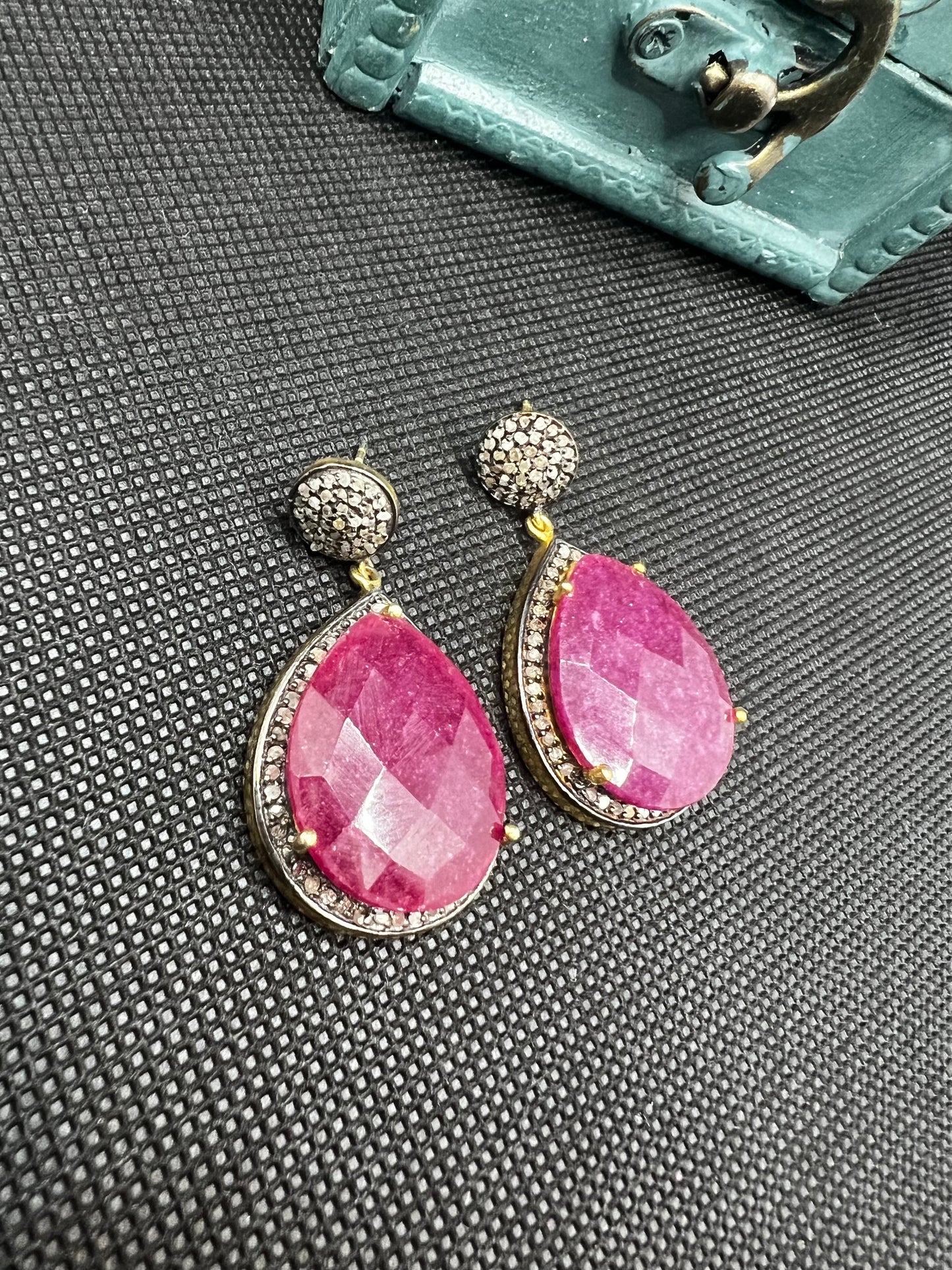 Genuine Pave’ Diamond Earrings with teardrop ruby color agate gemstone