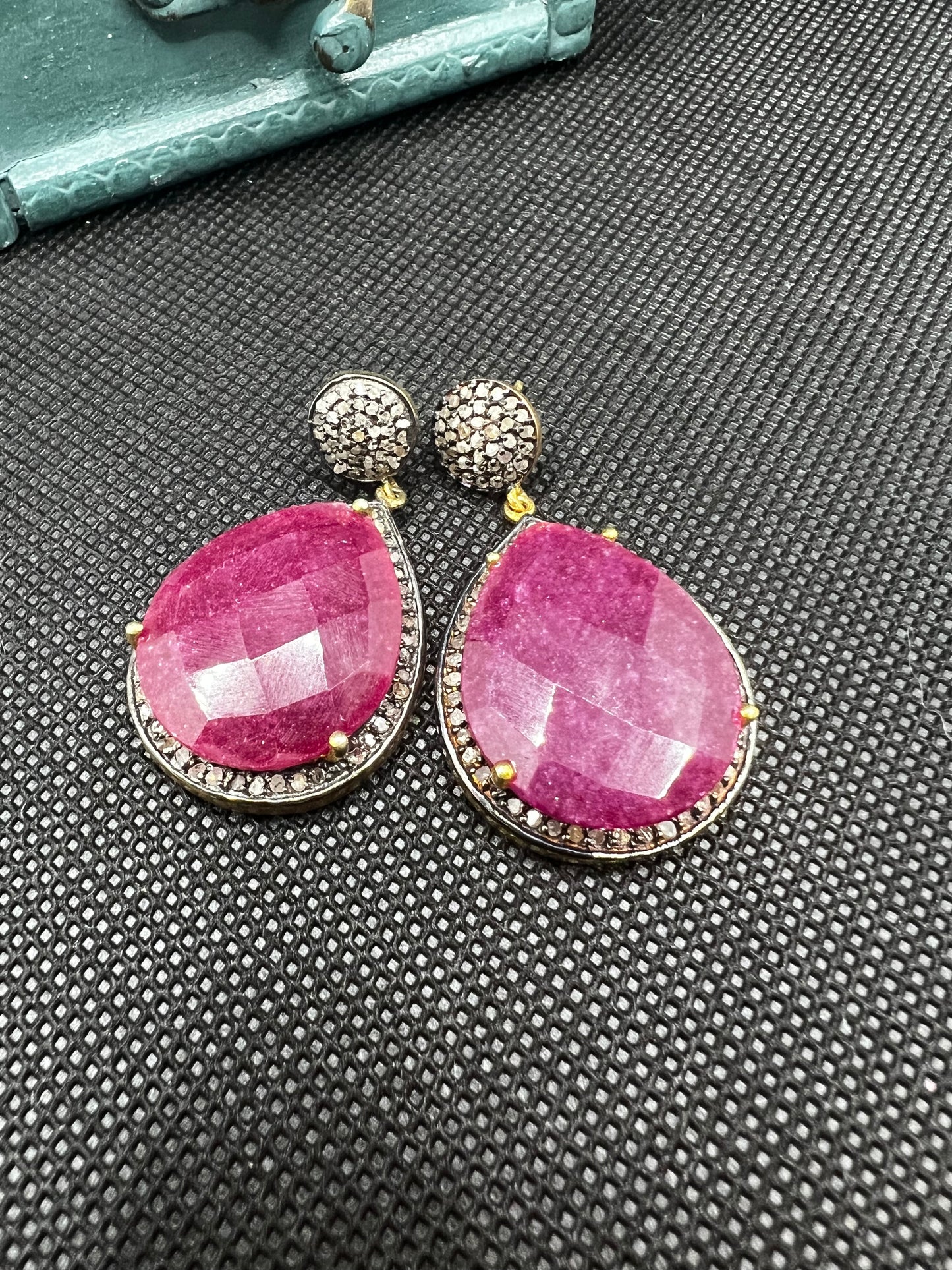 Genuine Pave’ Diamond Earrings with teardrop ruby color agate gemstone