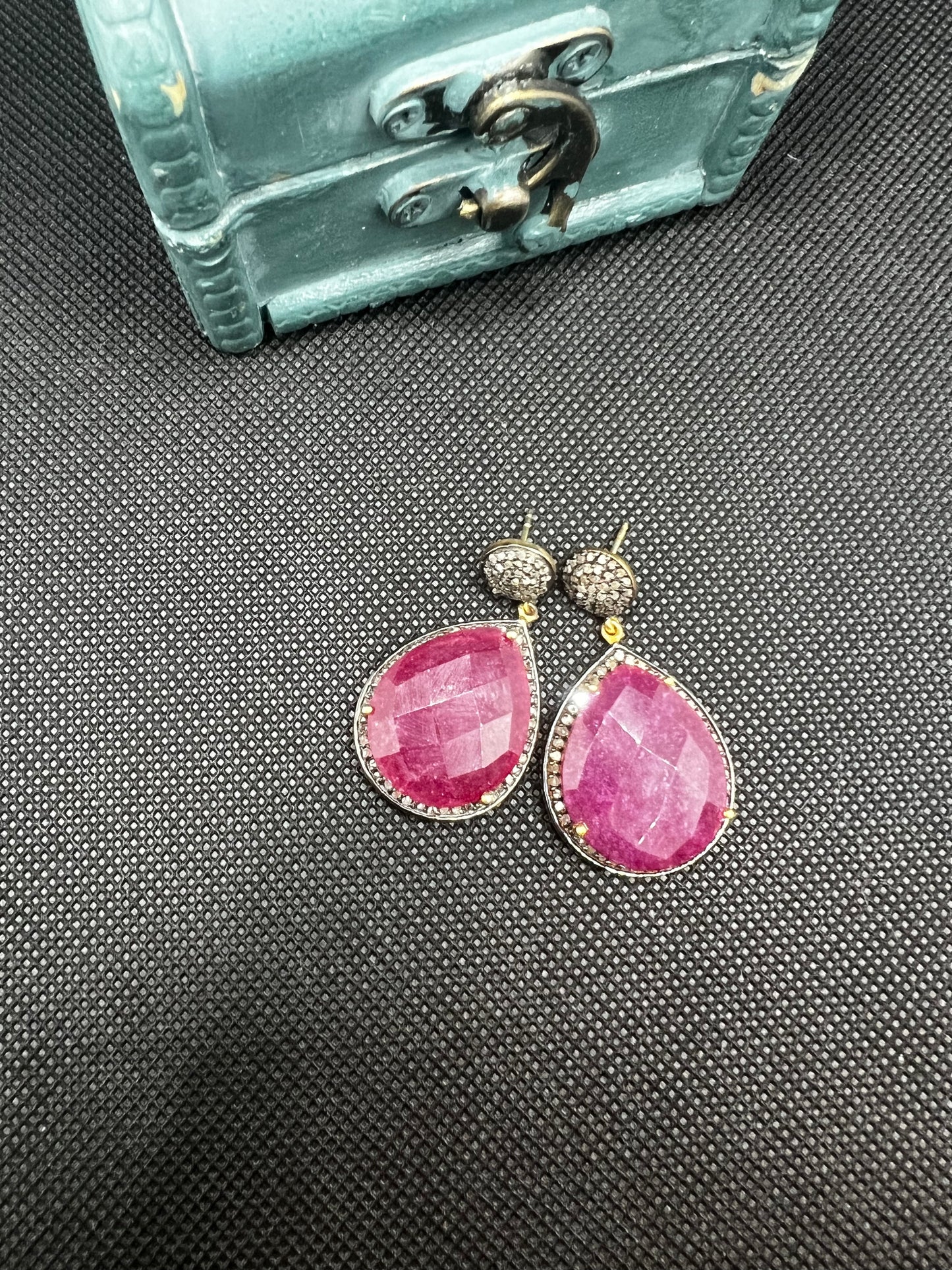 Genuine Pave’ Diamond Earrings with teardrop ruby color agate gemstone